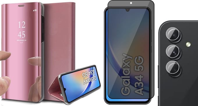 Hoesje geschikt voor Samsung Galaxy A34 - Privacy Screenprotector FullGuard & Camera Lens Screen Protector - Book Case Spiegel Roségoud