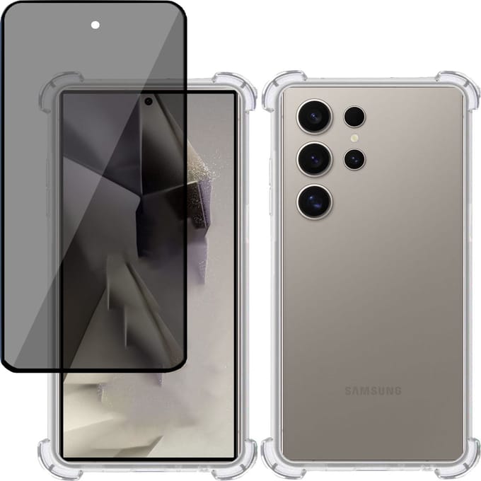 Hoesje + Privé Screenprotector geschikt voor Samsung Galaxy S24 Ultra – Privacy Tempered Glass - Case Transparant