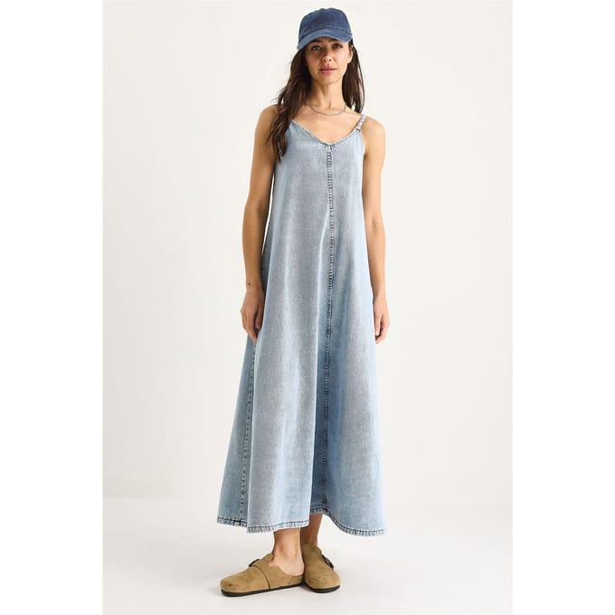 Maxi V-hals Denim Jurk met Knopen Sluiting