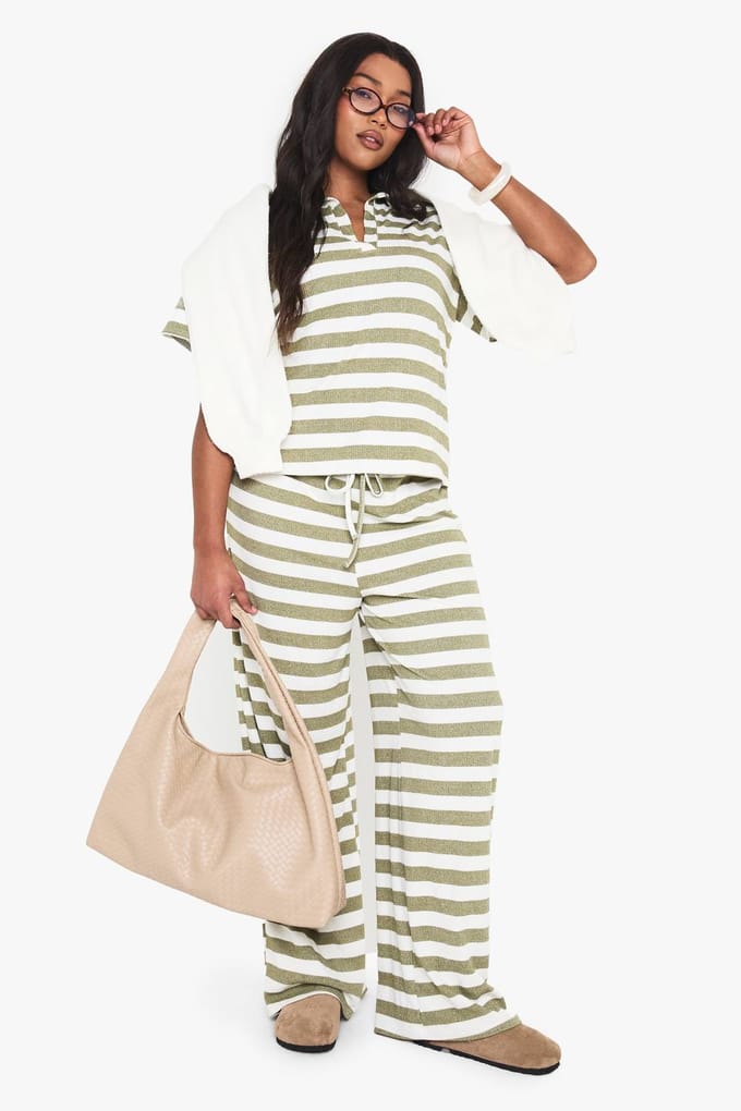 boohoo Dames PLUS V-hals gebreide top met kraag | Kaki | Maat: 46