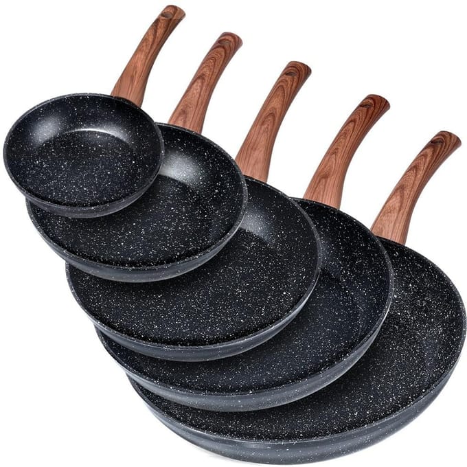 Vilde Black&Wood - Granite Koekenpan Set - 5 Stuks - Antikleef - Houtlook Handgreep