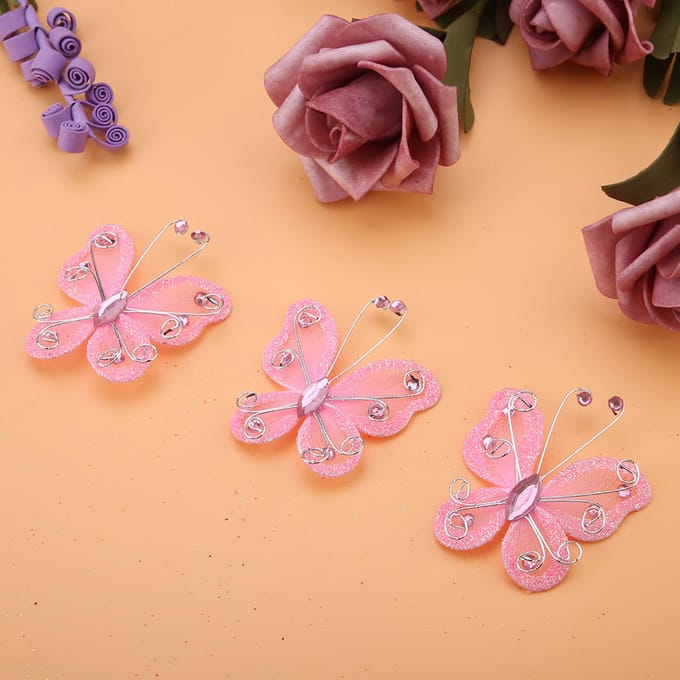 24 stuks Transparant Mesh Draad Glitter Vlinder Bruiloftsfeest Kleding Decoratie DIY Benodigdheden Roze roze