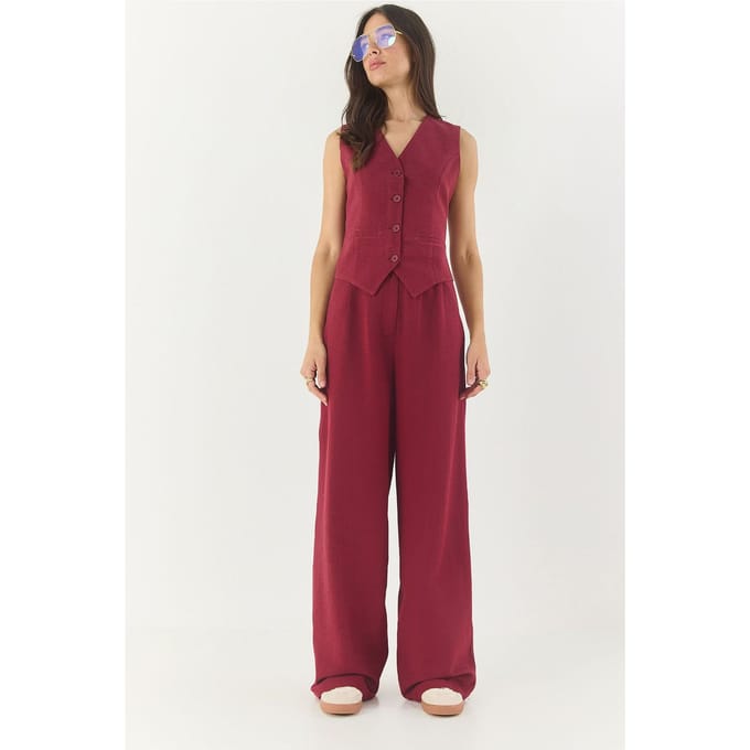 V-hals Vest en Wijde Pantalon Twee-delige Coord Set