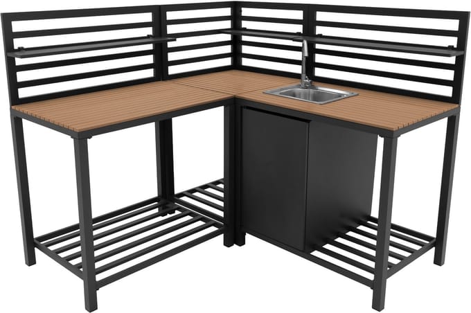 3-delige buitenkeuken - aluminium & hout - grijs - rvs spoelbak