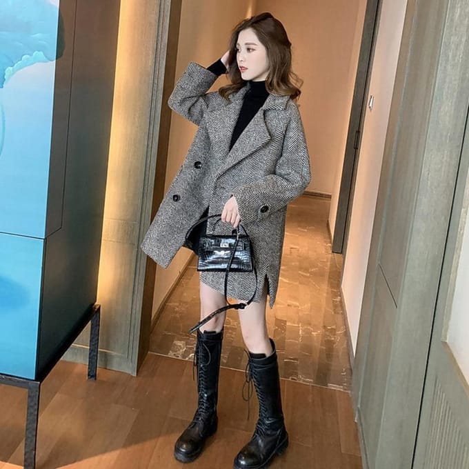 Manteau à carreaux pour femme, blazer en laine, automne-hiver, manteau pour femme, épais, moyen, long, petit manteau en laine XXL gray