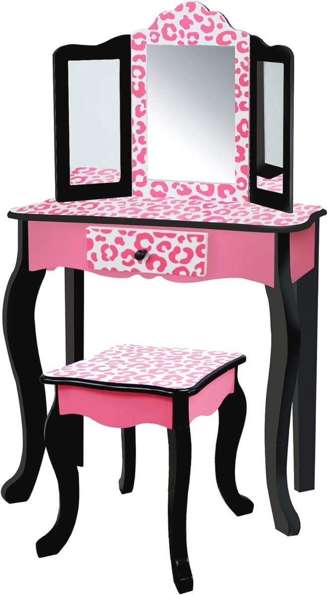 Houten Kaptafel voor Kinderen met Luipaard Print - Roze/Zwart
