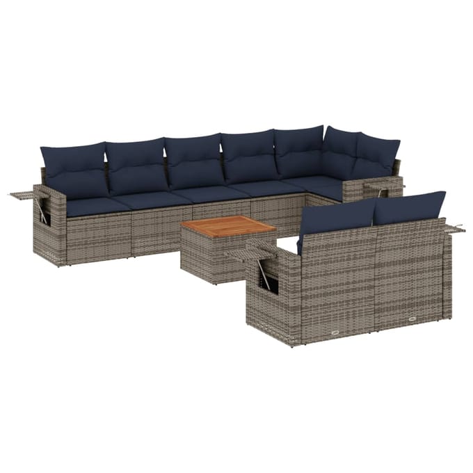 vidaXL - 9-delige - tuinbankset - met - kussens, - grijs - polyrotan