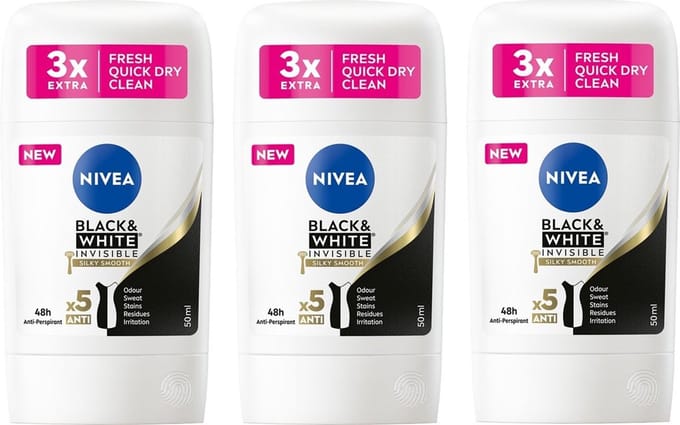 Nivea Deo Stick - Black & White Silky Smooth - 3 x 50 ml