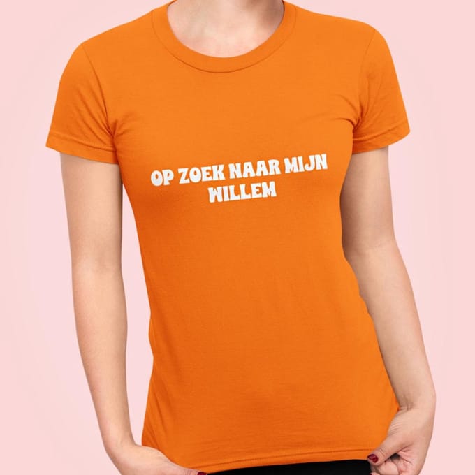 Oranje T-shirt "Op Zoek Naar Mijn Willem" Dames L