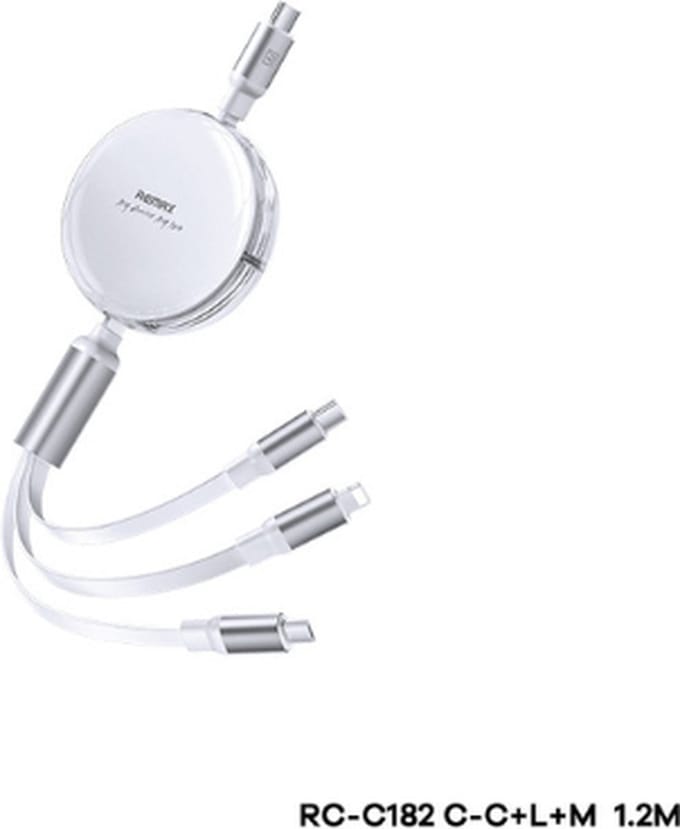 Remax RC-C182 - USB Kabel - 3in1 - USB-C/Micro/Iphone Output - 1.2m - 100W - Wit