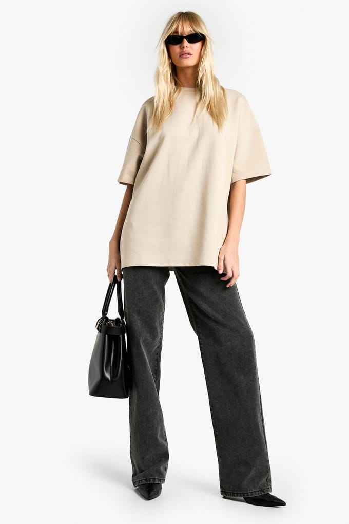 boohoo Dames Premium Soft Touch Interlock Oversized T-shirt | Steen | Maat: 34