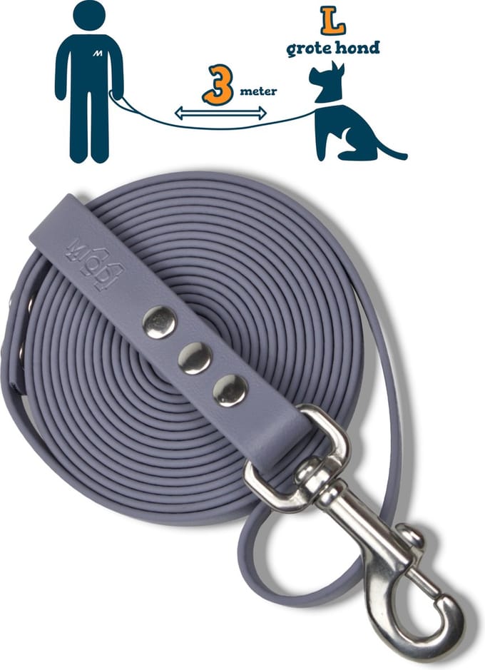 Miqdi hondenriem – BioThane® - grijs – 3meter lang – 19mm breed – L/XL - grote hond