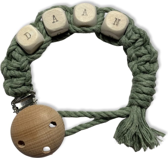 Macramé Speenkoord met Naam - Olijfgroen - Katoenkoord - Prijs per Stuk - Inclusief Verzendkosten