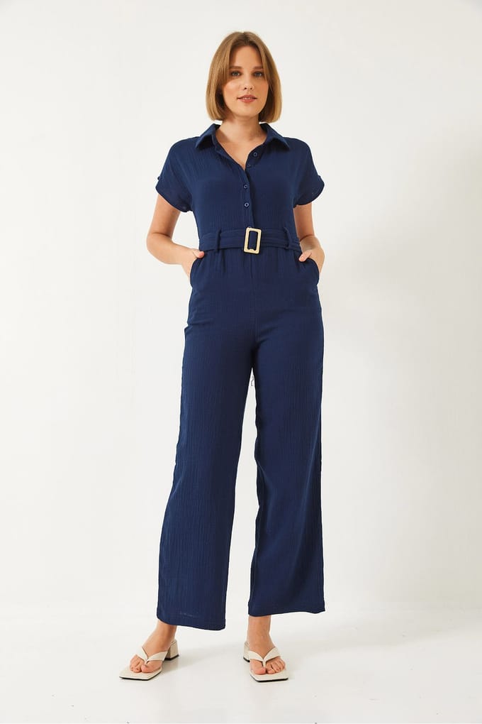 Lange Poplin Jumpsuit met Hemdnek en Knopsluiting