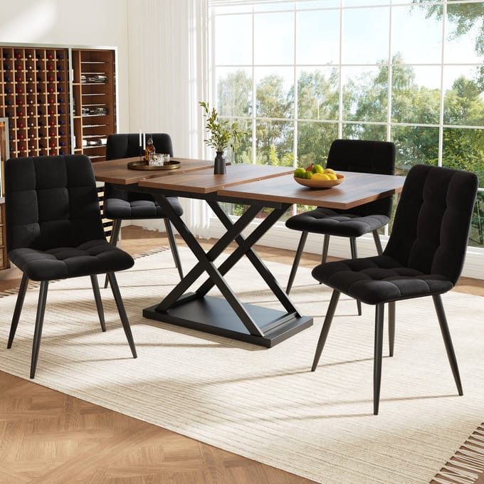 Sweiko Eettafel en stoelen set - Uitschuifbare eettafel - 4 velvet stoel - Walnoot + Zwart
