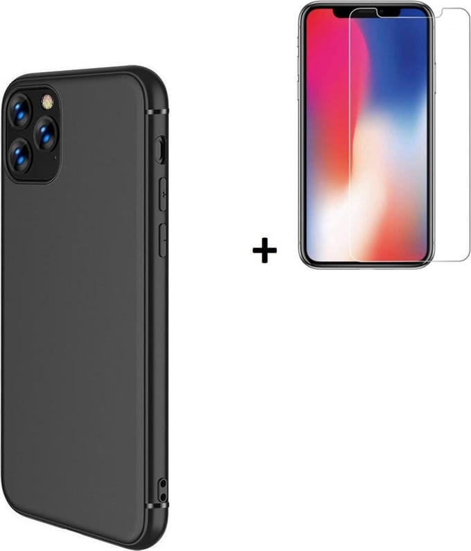 Hoesje Geschikt voor iPhone 11 Pro Max - Screenprotector iPhone 11 Pro Max - Siliconen - iPhone 11 Pro Max Hoes Zwart Case + Tempered Glass