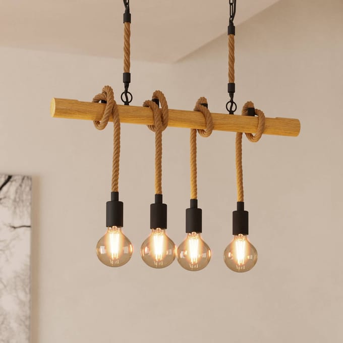 EGLO Youngstown hanglamp, lengte 70 cm, zwart/bruin, 4-lamps.