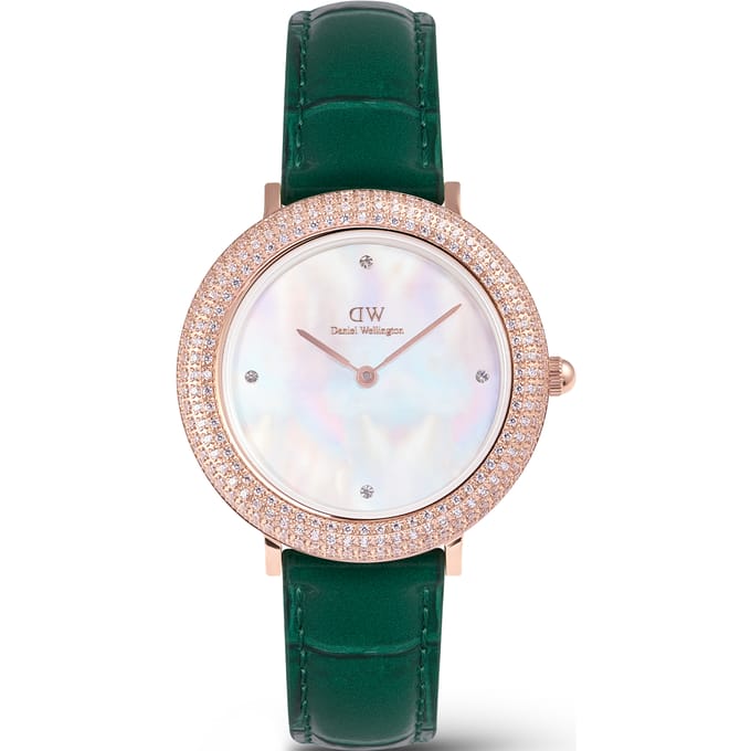 Daniel Wellington Crystalline Bezel Reading Quartz Analoog Horloge Groen Kast Gemaakt Van 100% Roestvrij Staal En Een Armband Van 100% Leer 32 DW00100826, DW00100827