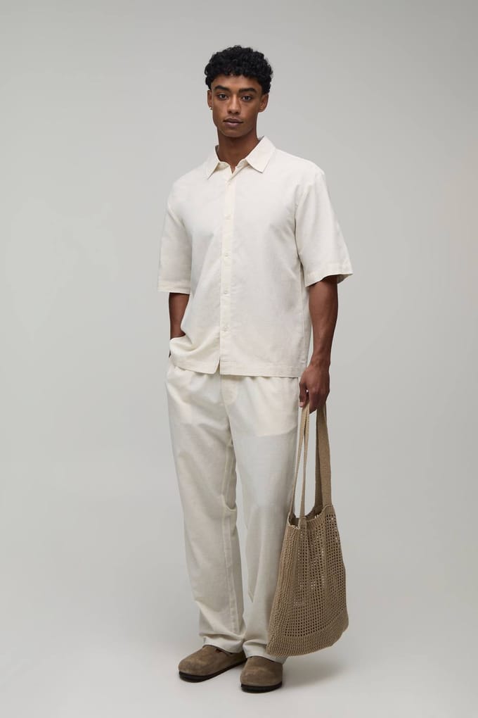 Oversized Shirt Met Halve Mouw En Ontspannen Broek Set Met Fruitprint | Natural | Size Medium