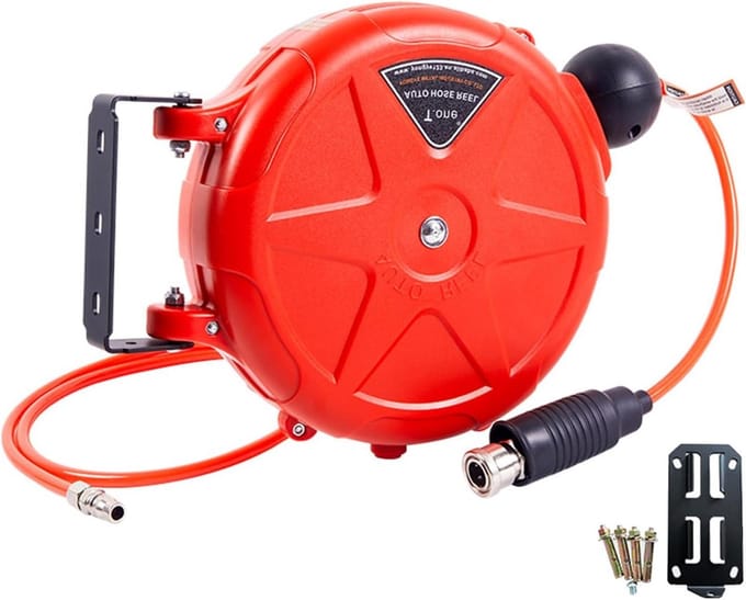 Luchtslanghaspel - Compressorslang houder - Werkplaats organiseren - Automatisch terugspoelend - 10 meter - Grijs