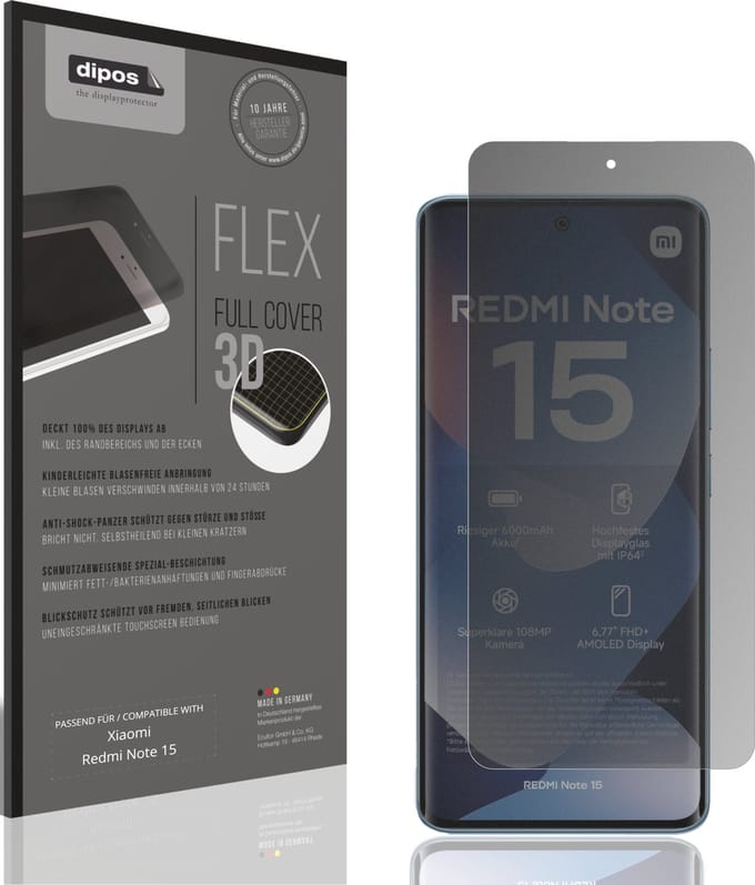 dipos FLEX – Matte Privacy Screenprotector geschikt voor Xiaomi Redmi Note 15 | Volledige Schermbescherming | Case-Friendly