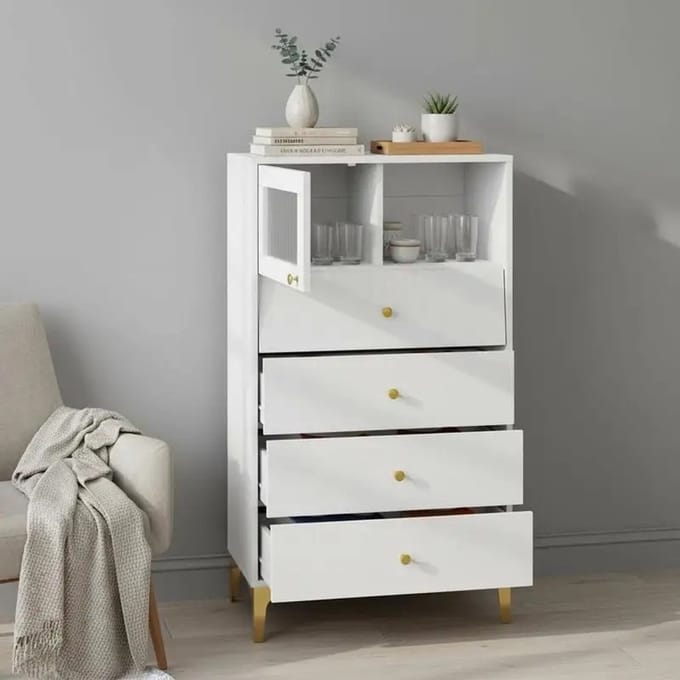 Dailygoods Ladekast met 4 laden Dressoir met opklapbare glazen deur Wit