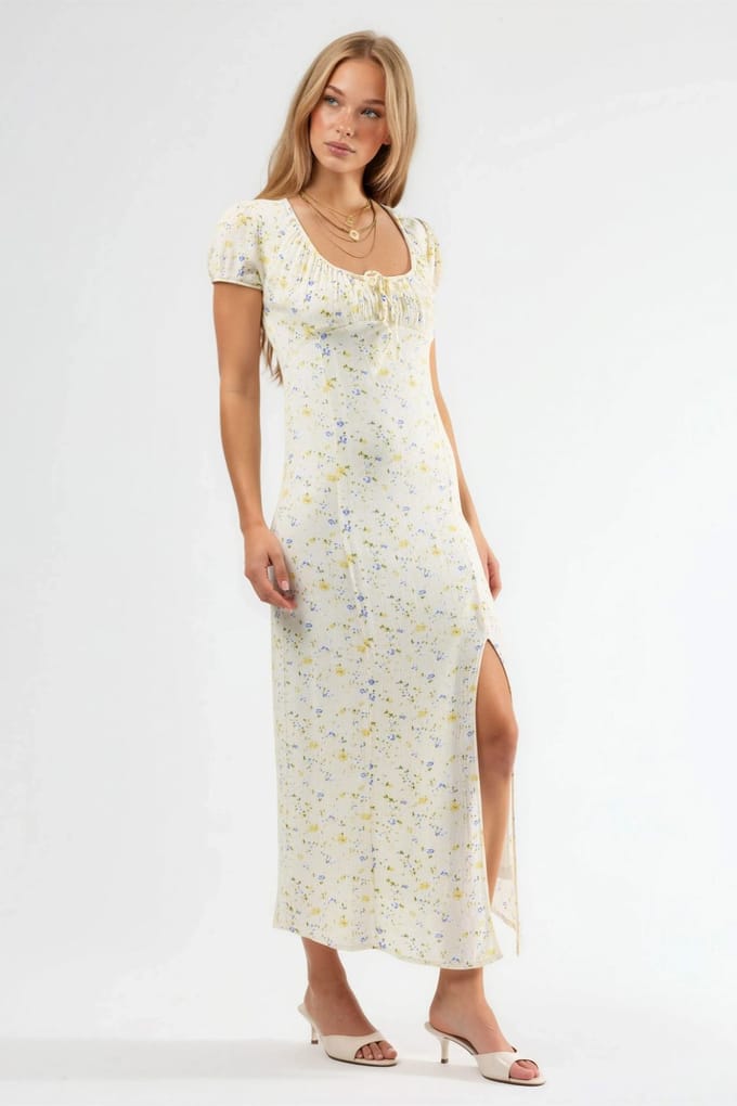 Bloemige U-hals Midi-jurk met Strikdetail