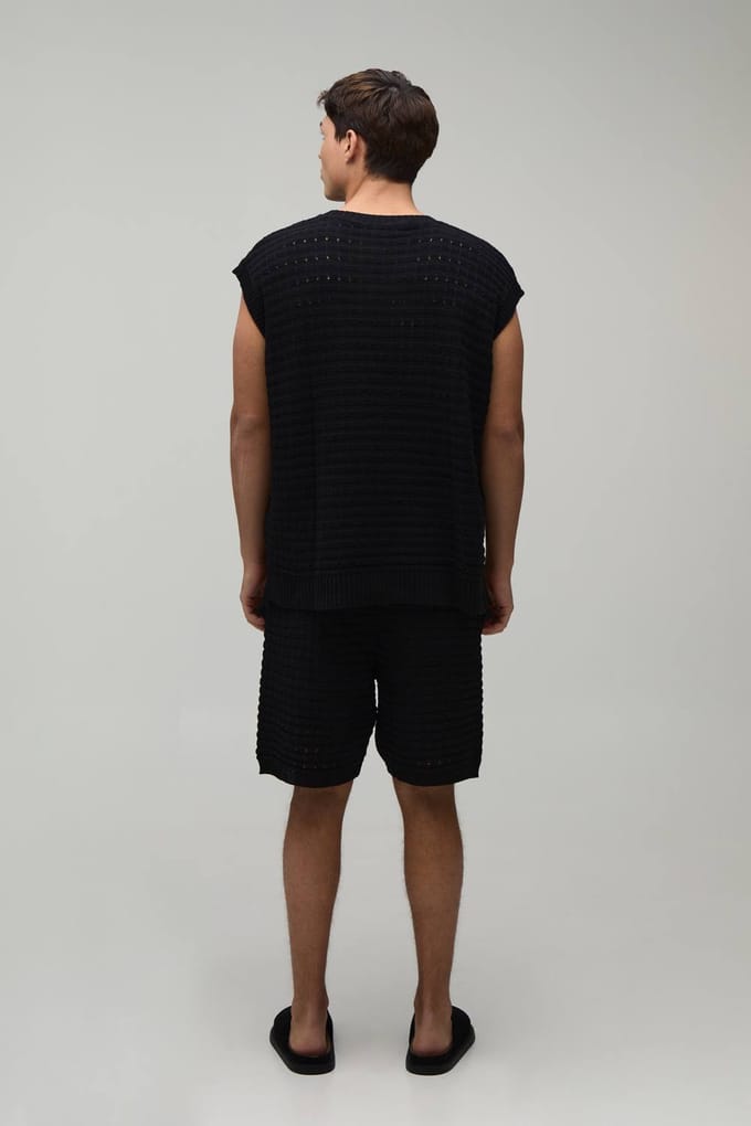 Oversized Open Steek Katoenmix Gebreide Tanktop En Short Set | Black | Size Medium