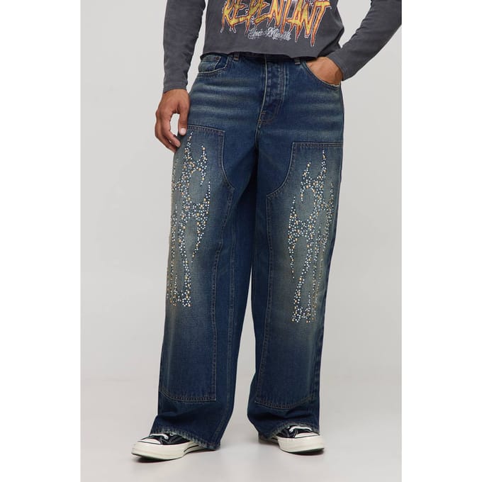 Baggy versierde tribale timmerman jeans | Antique Blue | Size 36R