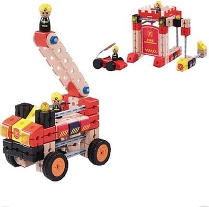 Wüdworkers Houten constructie set brandweer - 122-delig - Stimuleert creativiteit