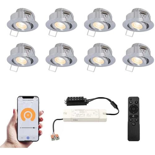 HOFTRONIC Set van 8 Sienna Smart LED Mini Inbouwspots - Veranda spots - 12V 3W 200lm - Dimbaar - Kantelbaar - Wifi & Bluetooth - 2700K - IP44 - RVS