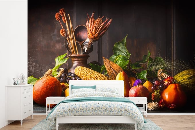 Behang - Fotobehang Groente - Fruit - Rustiek - Tafel - Breedte 330 cm x hoogte 220 cm