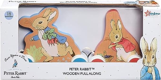 Houten Pullalong Speelgoed met Peter Rabbit en Flopsy Bunny – Kleurrijk Babyspeelgoed voor Ontwikkeling van Fijne Motoriek