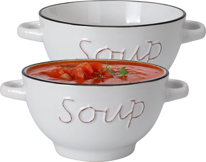 Excellent Houseware soepkom gres - 2x - wit - porselein - D14 cm - serveer/snackschaaltje