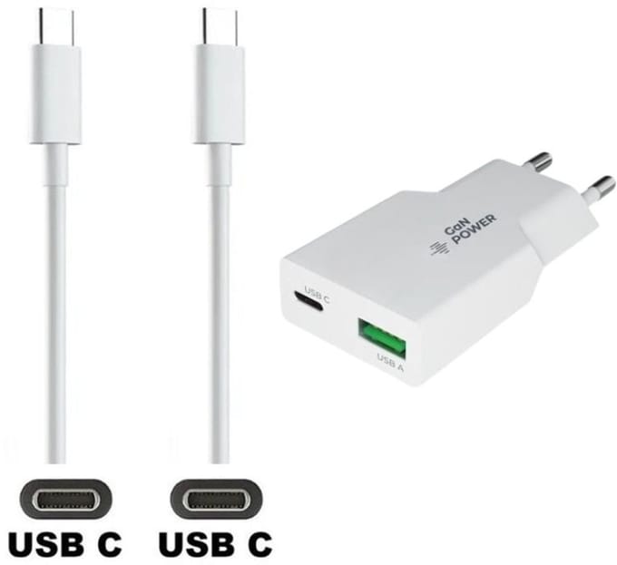 OneOne 25W super snellader met 2 poorten en screenprotector van glas voor iPhone Air + 0,5m USB C naar USB C kabel. Compacte witte PD PPS GaN oplader adapter. Screenprotector past op Apple iPhone Air