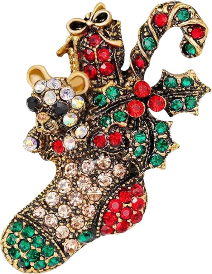Kerstbroche -  Kerstsok met beertje, candy cane en cadeautje - schattige broche feestdagen