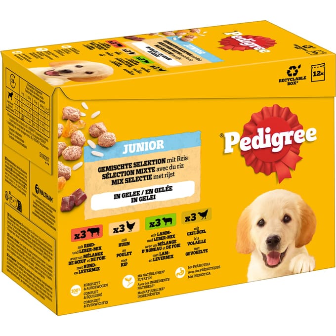 Pedigree Junior Maaltijdzakjes - Puppyvoeding in Gelei met Kip, Lam en Rund - 12x100g