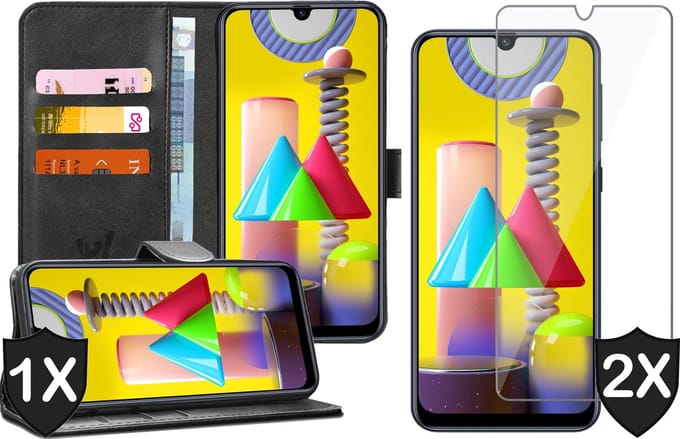 Hoesje geschikt voor Samsung Galaxy M31 - 2x Screen Protector GlassGuard - Book Case Kunstleer Pasjeshouder Zwart & Screenprotector