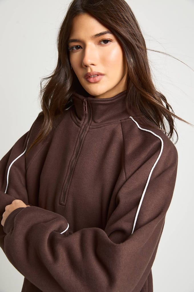 boohoo Dames Half Zip Sweatshirt Tracksuit met Paspeldetail | Chocoladebruin | Maat: Small