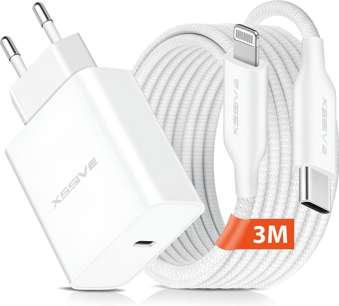 USB C Adapter met Oplader Kabel 3 Meter geschikt voor Apple Lightning, iPhone, iPad en AirPods - 25W Snellader