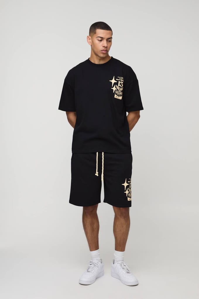 Oversized Moto Graphic T-Shirt & Short Set | Black | Size Medium