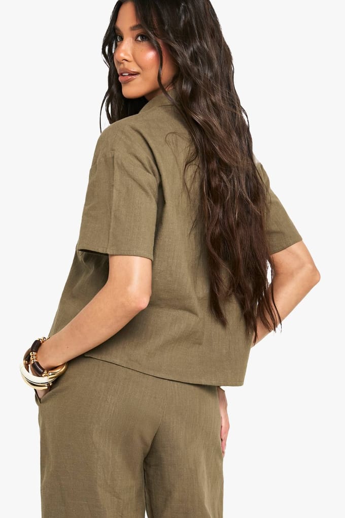 boohoo Dames Linnen Look Short Sleeve Shirt | Kaki | Maat: 42