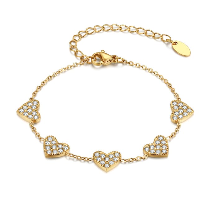 Twice As Nice Armband in edelstaal, 5 hartjes Goudkleurig 16cm+3cm