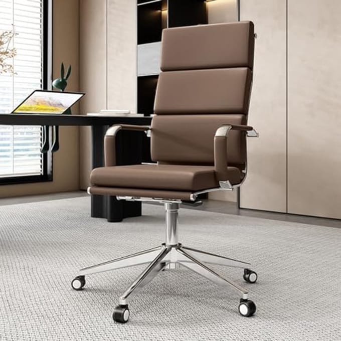 Ergonomic Office Chair with Lumbar Support, High Back Executive Computer Desk Chair, Adjustable Armrests & Recline 90–125°, PU Leather Comfortable Home & Office Seating – Brown