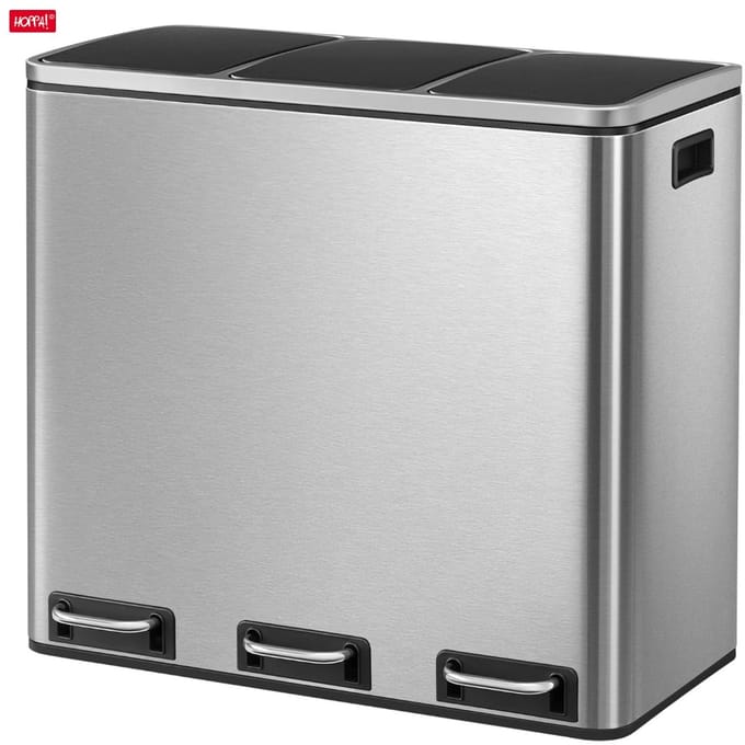 Hoppa! - Driedubbele afvalbak - 3x 18 liter - zilver - RVS