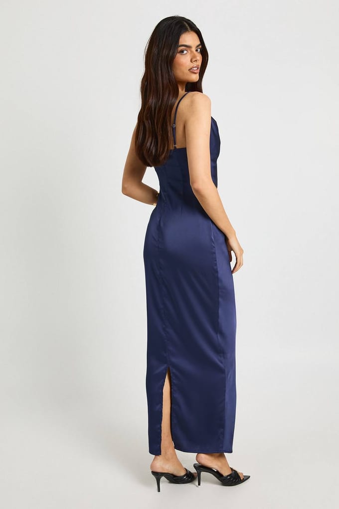 boohoo Dames Satijnkanten maxi slipjurk met cowl-hals | Midnight | Maat: 6