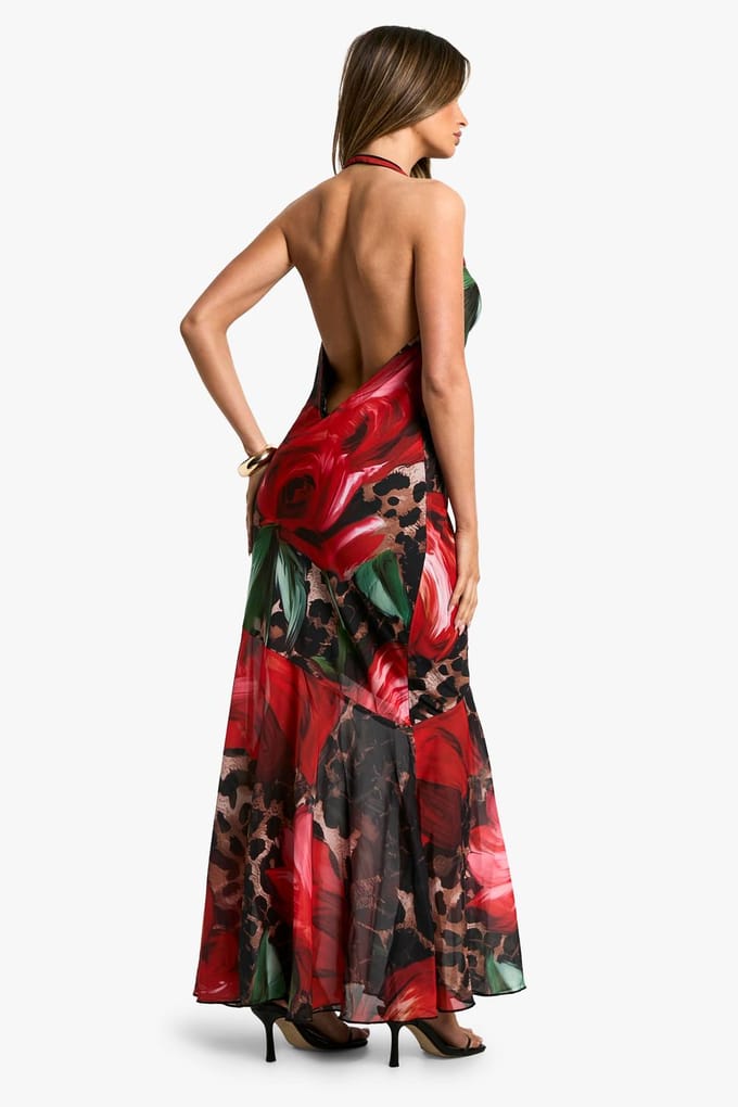 boohoo Dames Leopard Floral Mix Chiffon Halterneck Maxi Jurk | Maat: 38