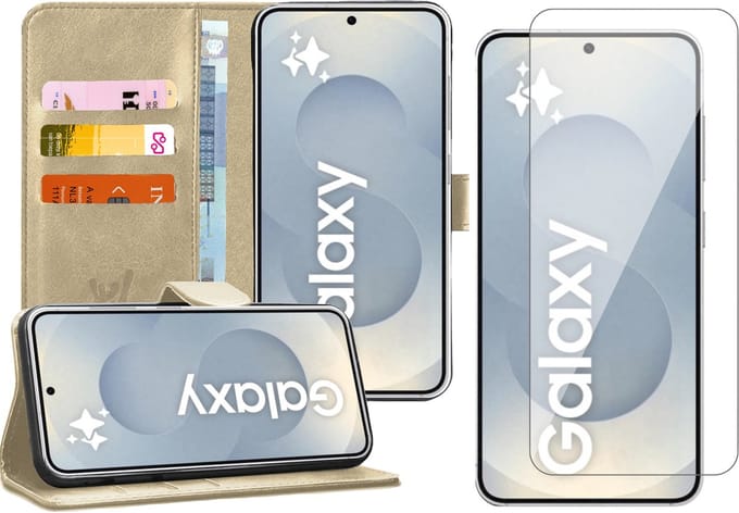 Hoesje geschikt voor Samsung Galaxy S25 Plus - Screenprotector Glas - Portemonnee Book Case Goud