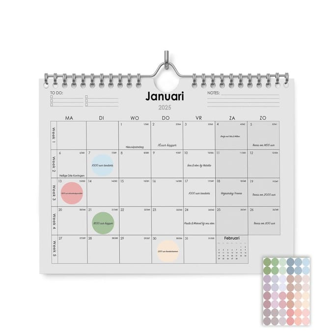 Kalender 2025 - 45x32cm (A3+) - Inclusief 48 morandi stickers - 300gramsgewicht ecopapier