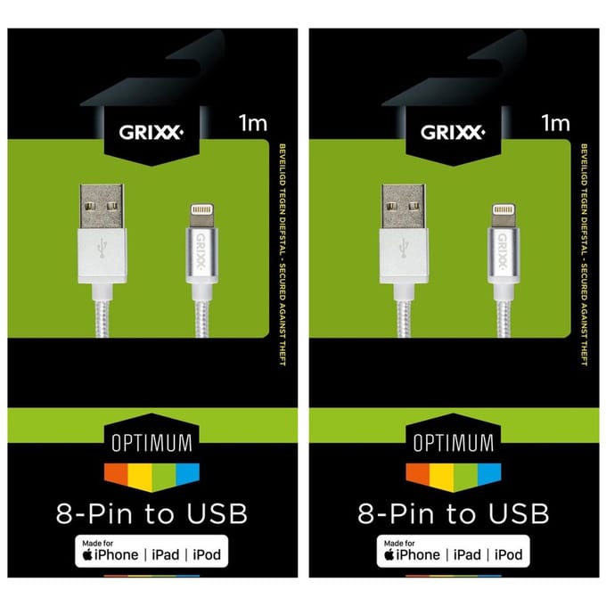 2x1 meter - iPhone/ iPad/ Airpods/ iPod Lightning ‑ USB kabel - Grixx 2-pack - Wit - Heavy duty nylon mantel